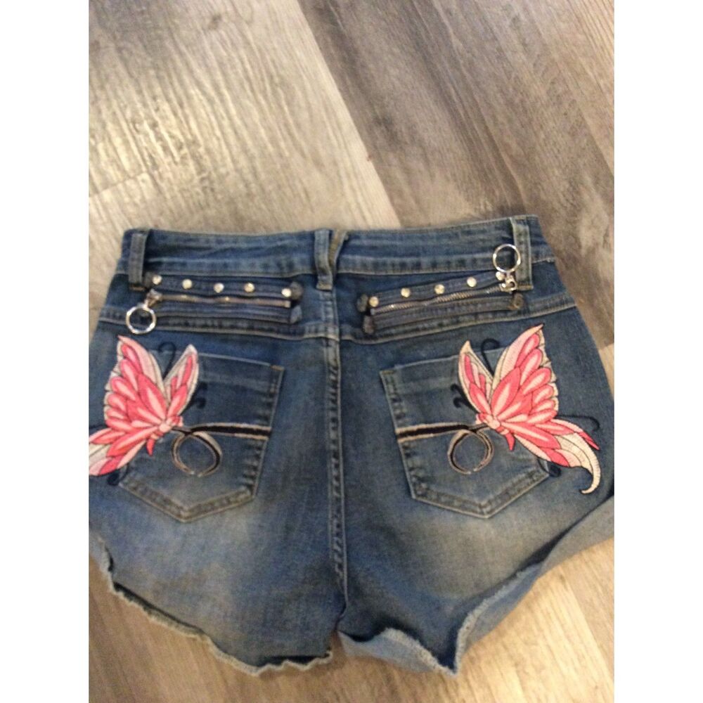 Y2K Romwe Large L Fairycore Butterfly Rhinestone Embroidered Shorts Stretch